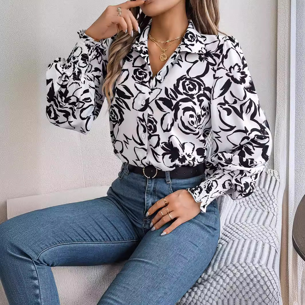 Autumn Winter Elegant Contrast Color Flower Printed Lantern Sleeve Turndown Collar Women's Shirt 6