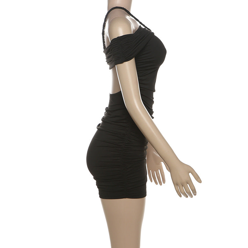 Winter Women's Sexy Off Shoulder Solid Color Pleated Bodycon Dress 9