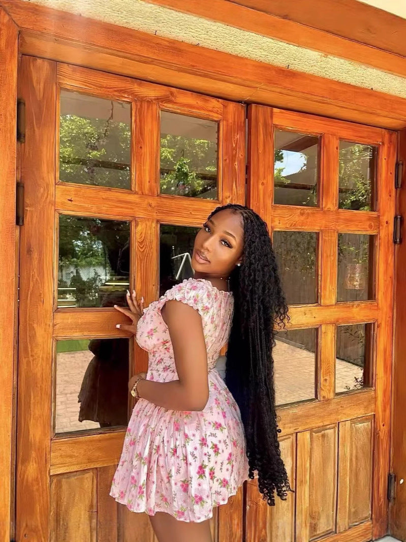 Women French Floral Ruffle Edge Pleated Dress 3