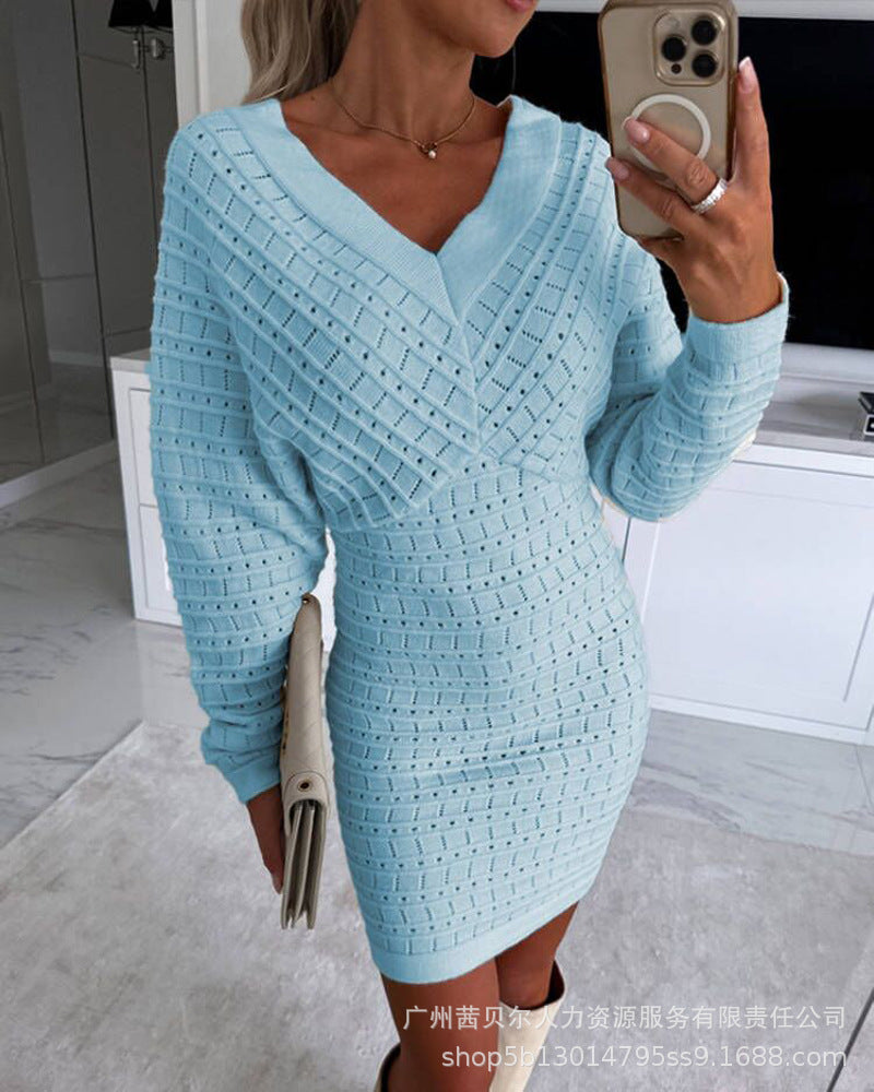 Women V Neck Long Sleeve Kintting Dress 4