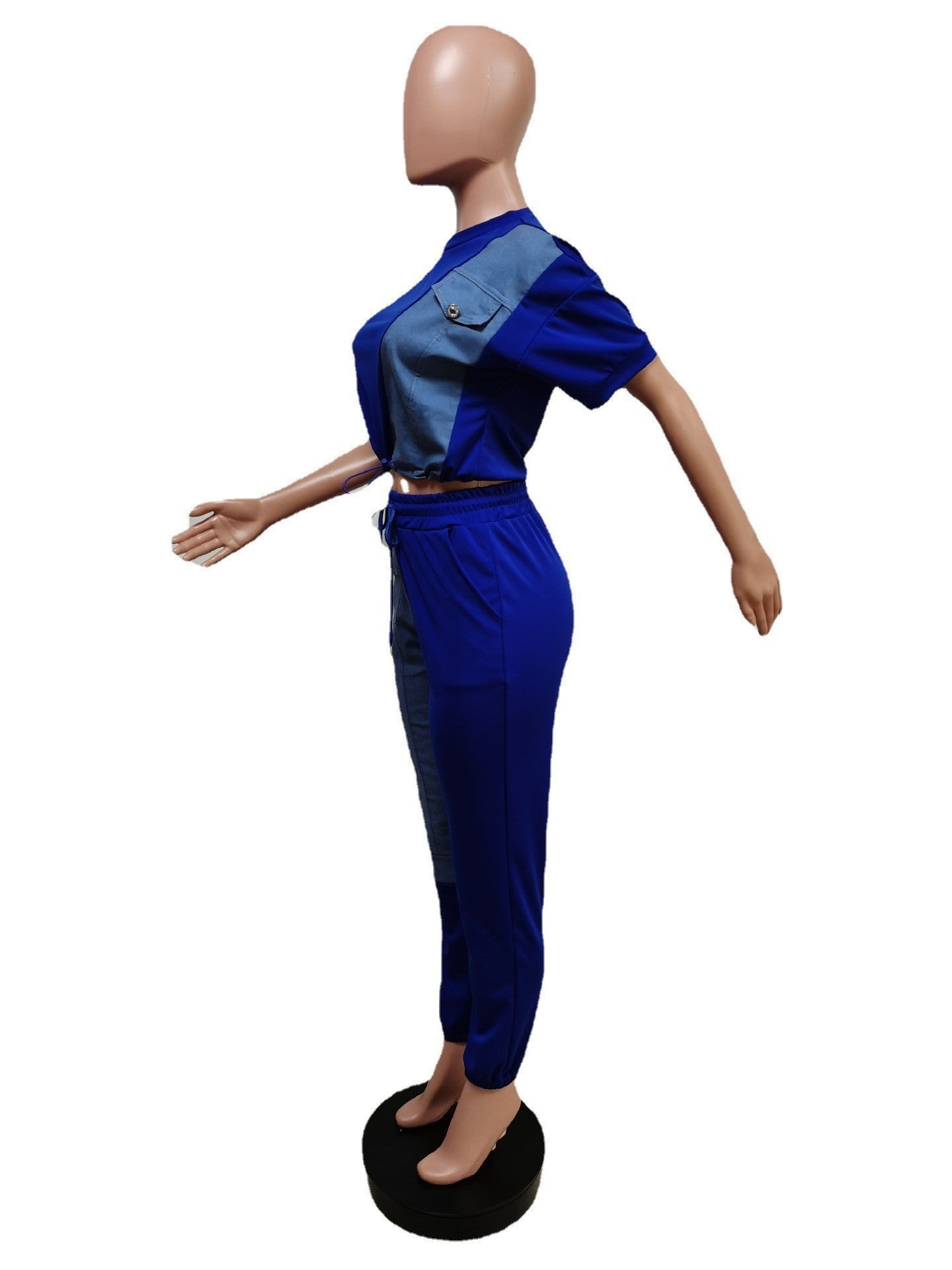 Women Fashion Solid Contrast With Denim Top And Pant Two Piece Set 21