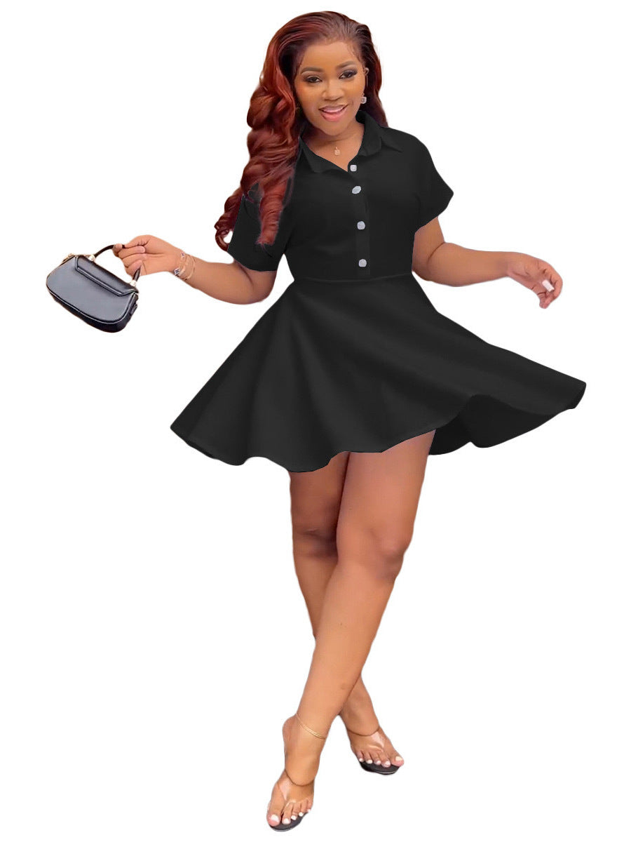 Women Casual Polo Neck Button Short Sleeve Dress Short Skirt Skirt Women Dress 5