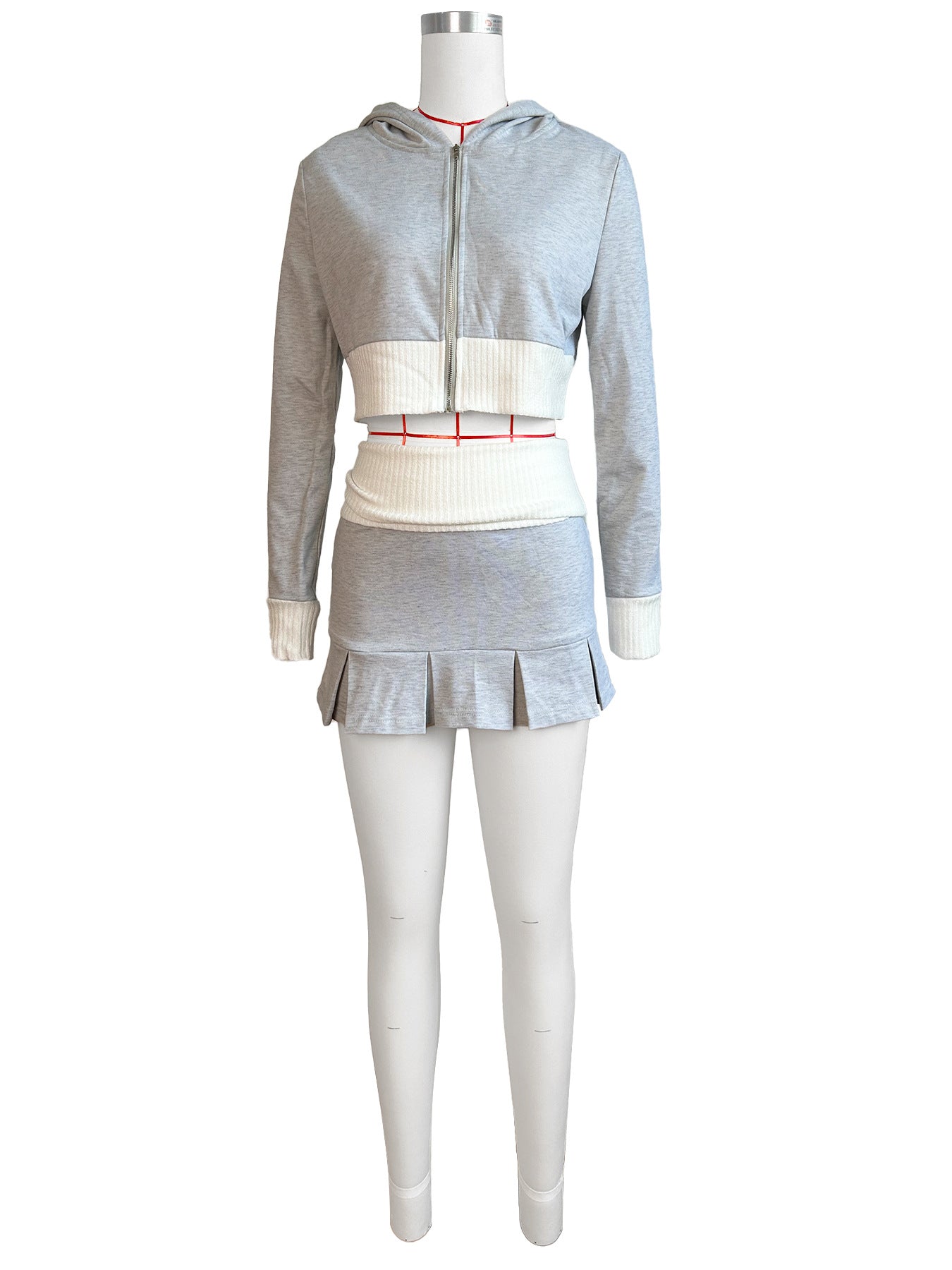 Fashion Women's Clothing Contrast Color Patchwork Long Sleeve Hooded Crop Top Pleated Skirt Two-Piece Set 9