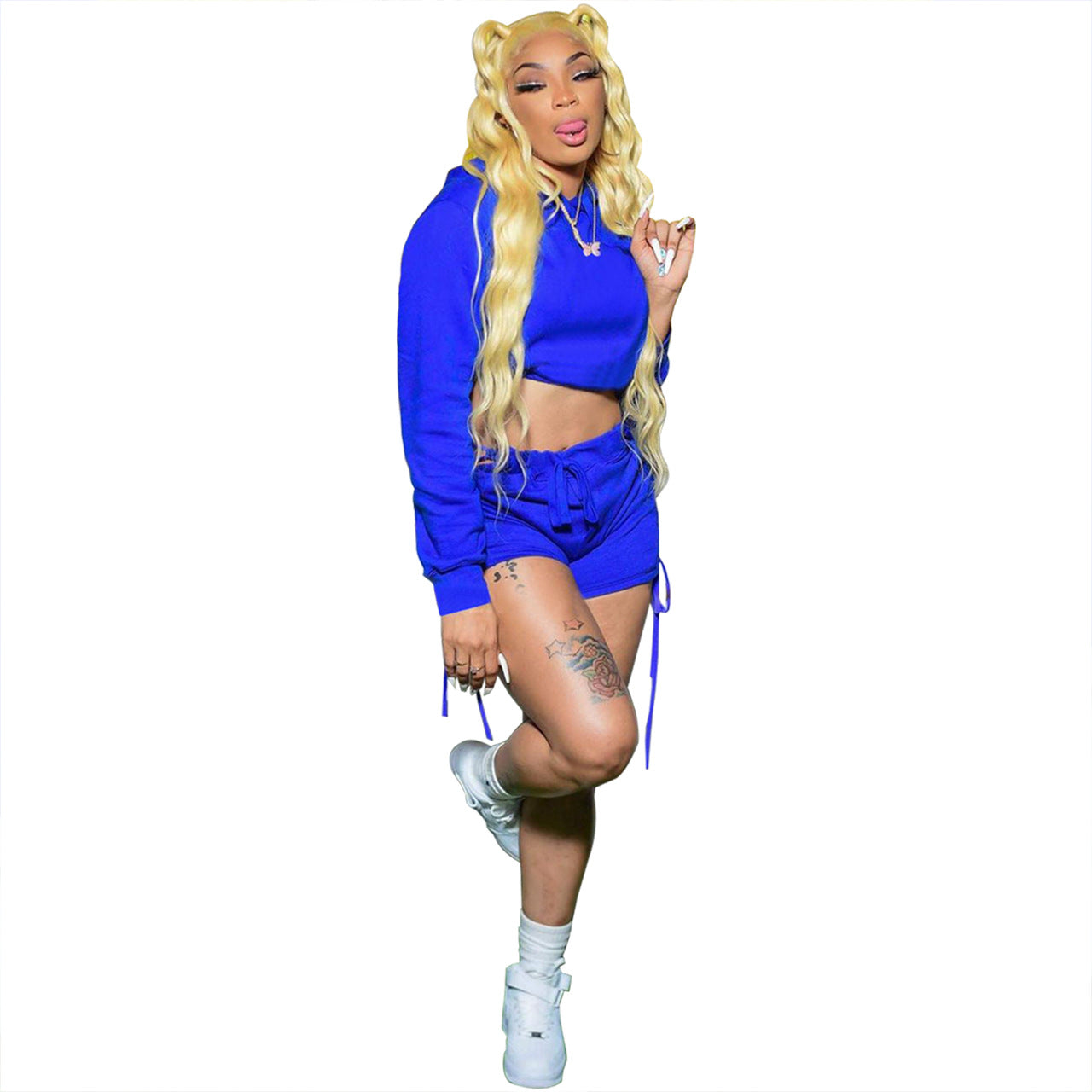 Women Casual Solid Lace-Up Drawstring Long Sleeve Top and Short Two-Piece Set 6