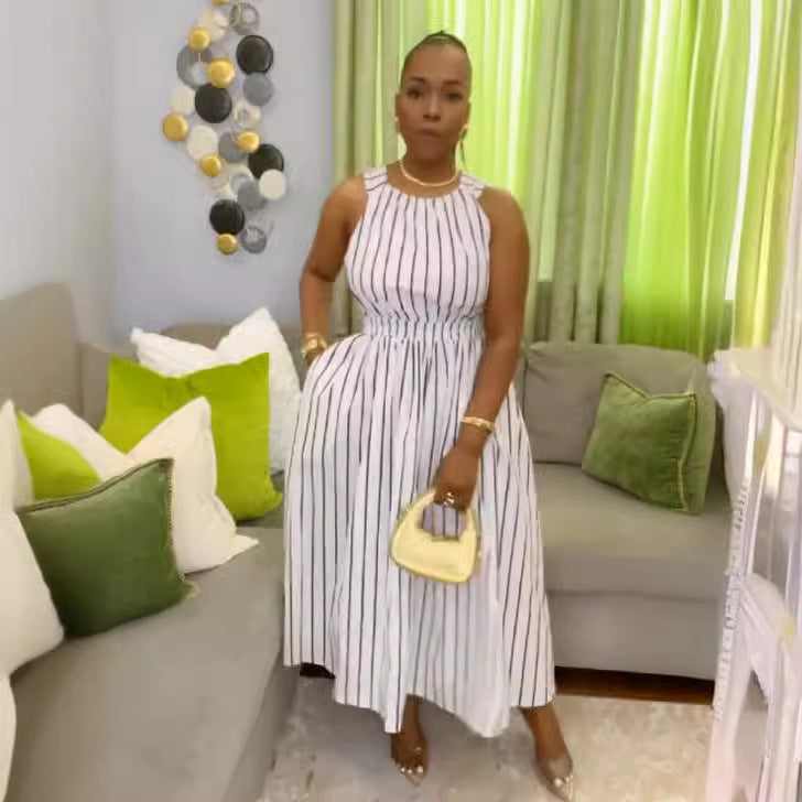 Women Striped Round Neck Sleeveless Backless Cross Straps Dress 4