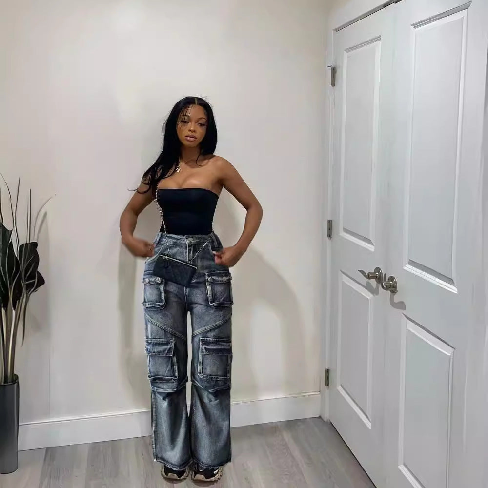 Women Pocket Wide Leg Denim Straight Pants 4