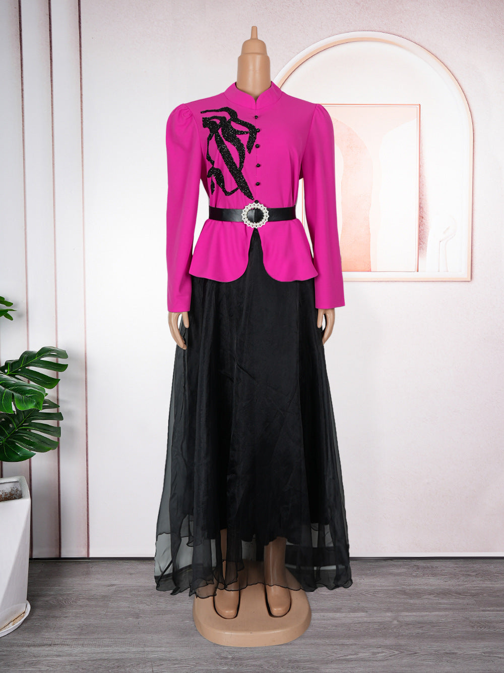 Women long-sleeved button fake two-piece Beaded dress 14