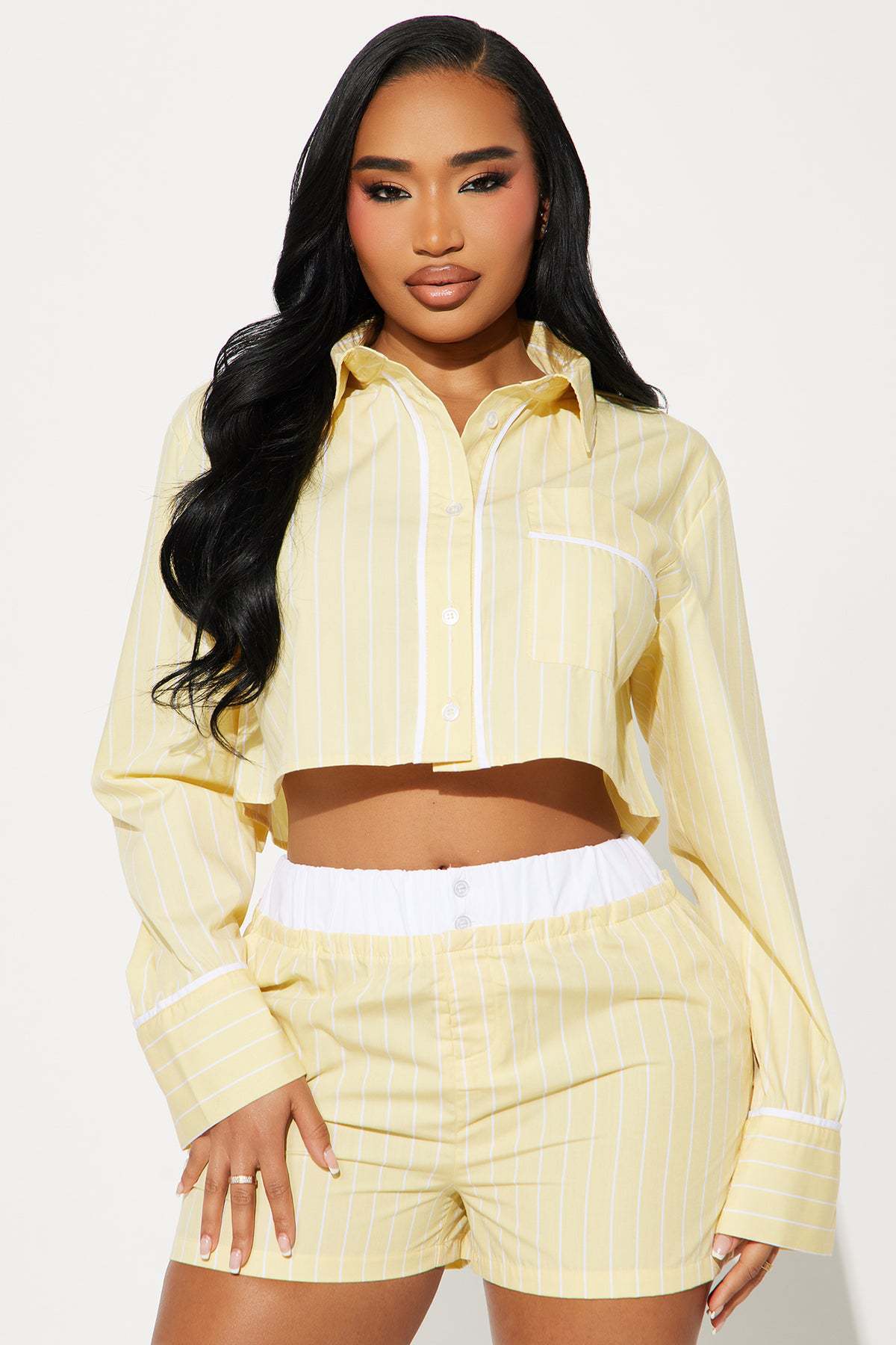 Women Summer Casual Long-Sleeve Turndown Collar Top and Shorts Two-Piece Set 3