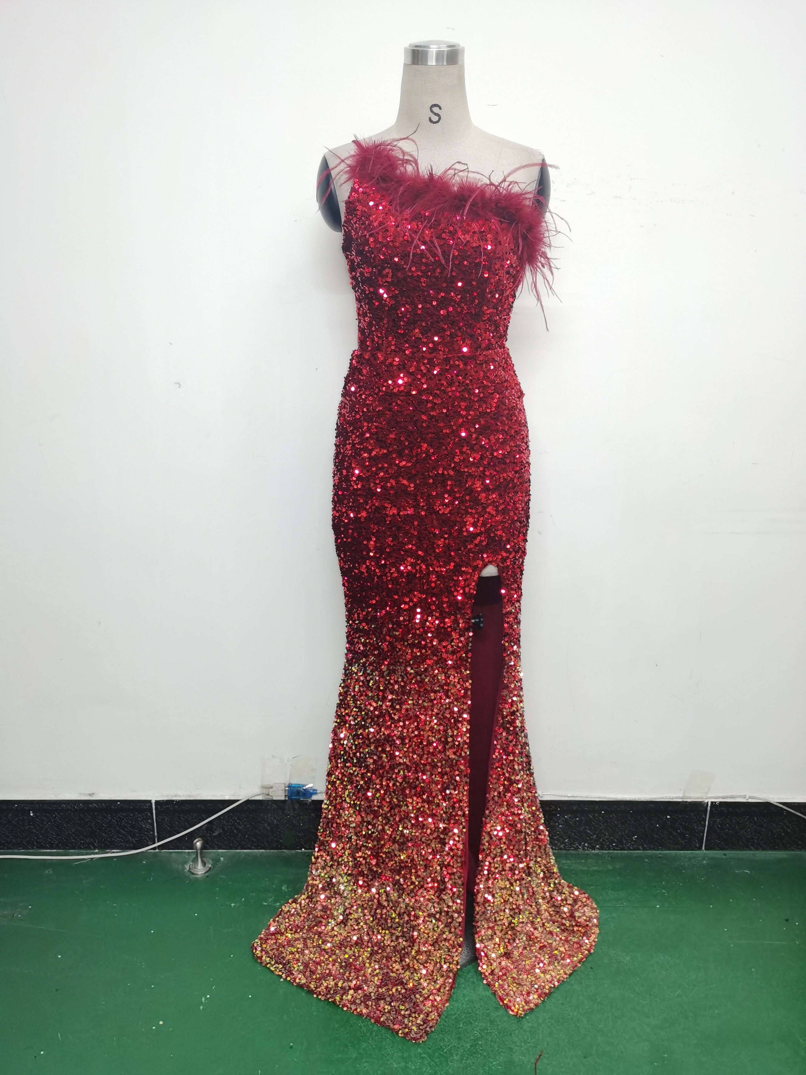 Women Ostrich Feather Beaded Evening Dress 24