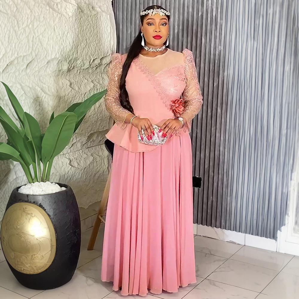 Lace Trim Plus Size African Embroidered Evening Gown 5