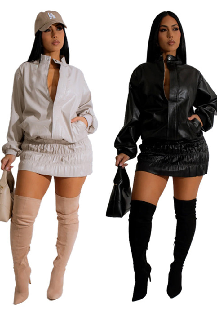Women autumn and winter solid long sleeve Pu Leather casual stand collar skirt two-piece suit