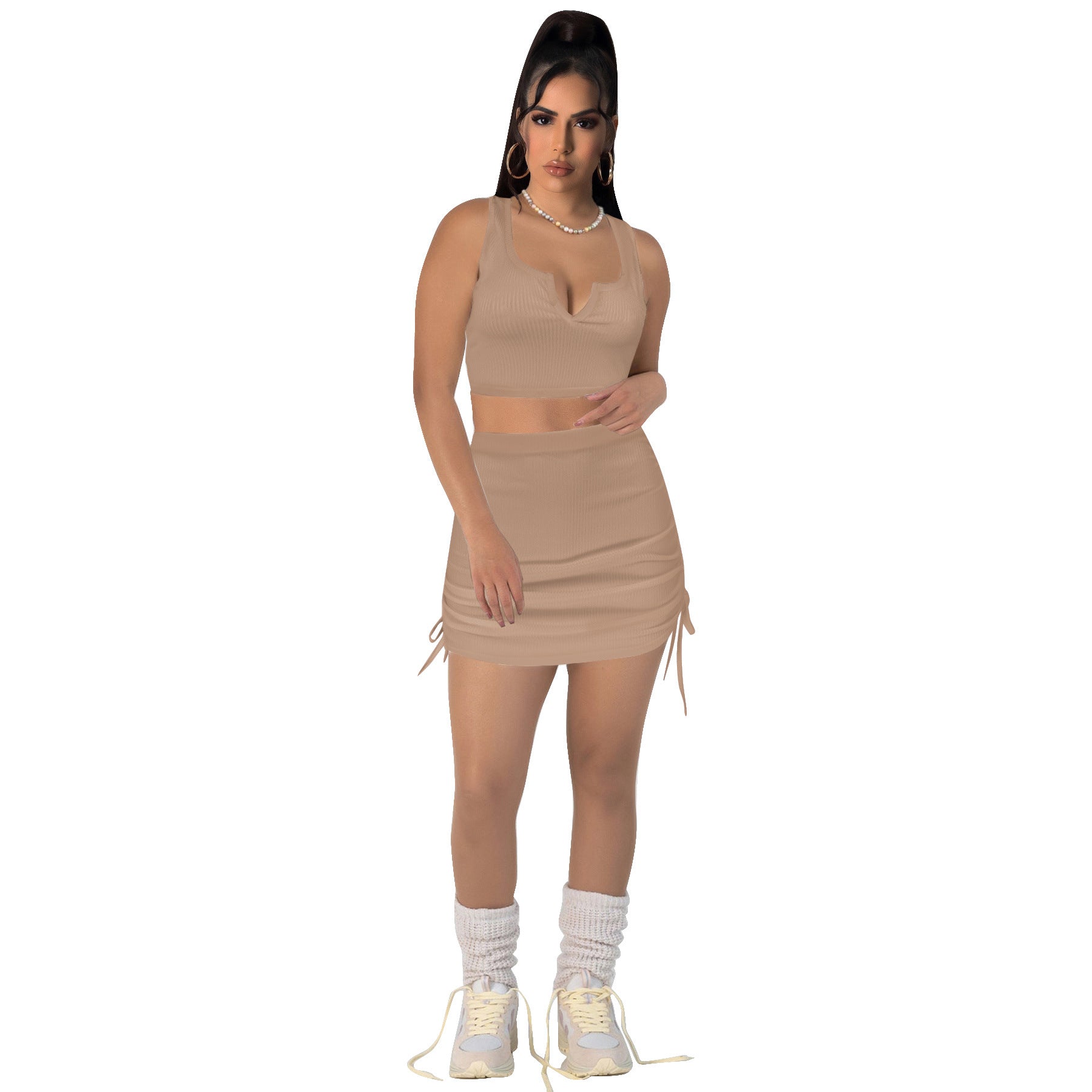 Women Stretch sexy v-neck Top and drawstring Solid Skirt two-piece set 17