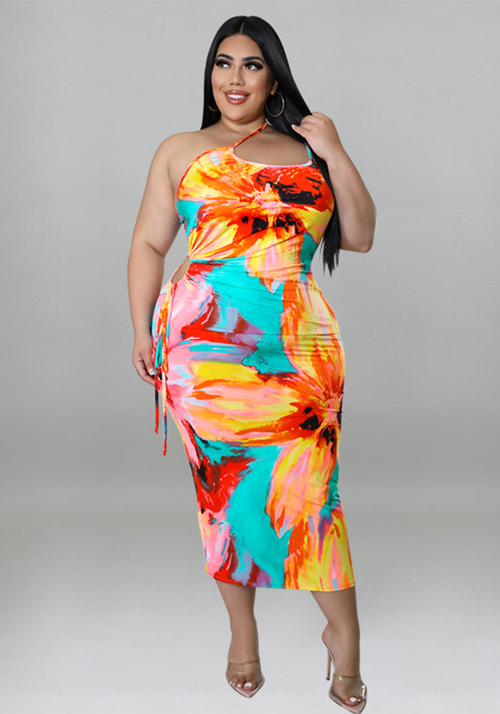 Plus Size Women's Summer Sexy Printed Strap Low Back Slim Dress