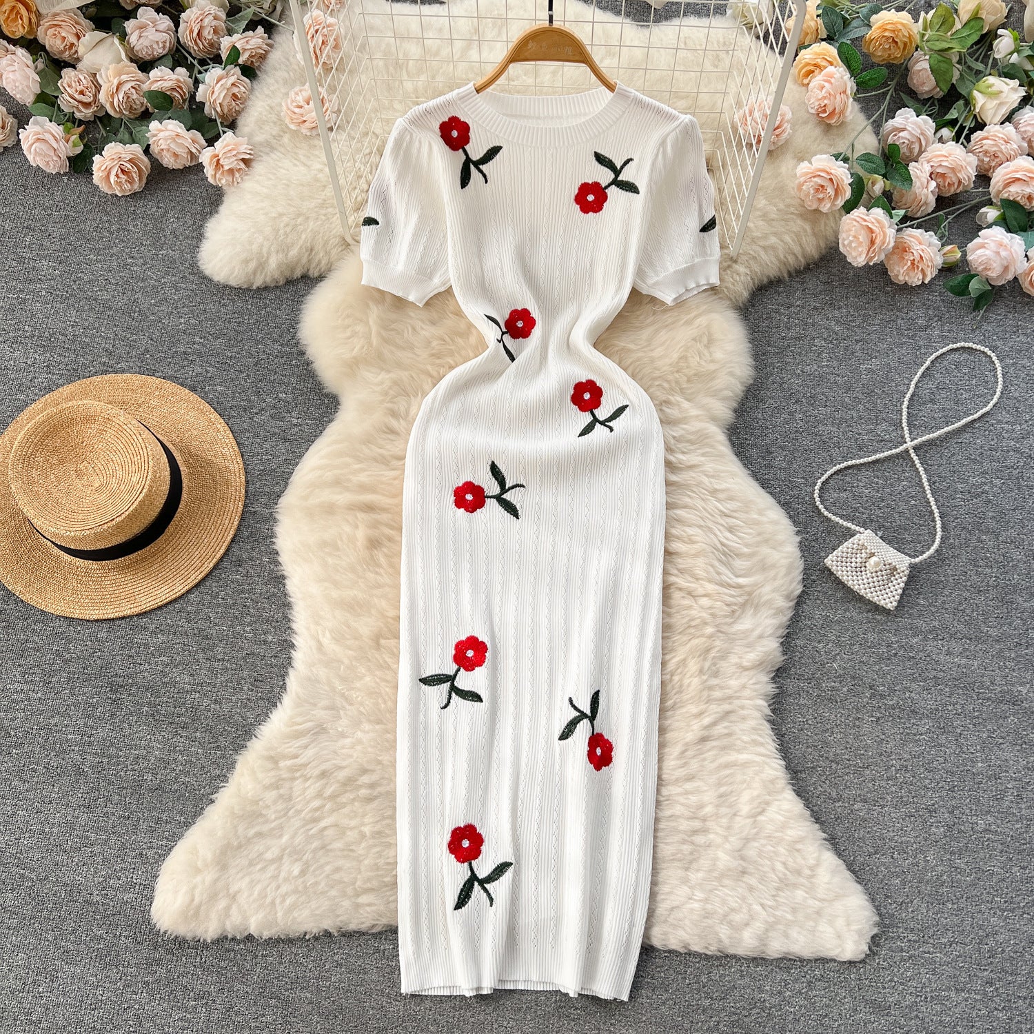 Summer Chic Embroidered Rose Short Sleeve Bodycon Knit Dress 7