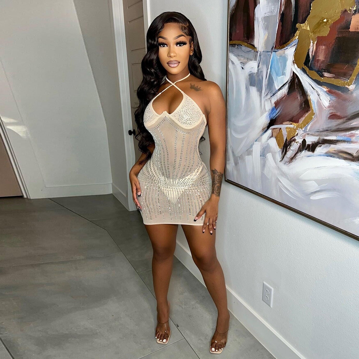 Women Summer Sexy Straps Beaded Mini Bodycon Dress 4