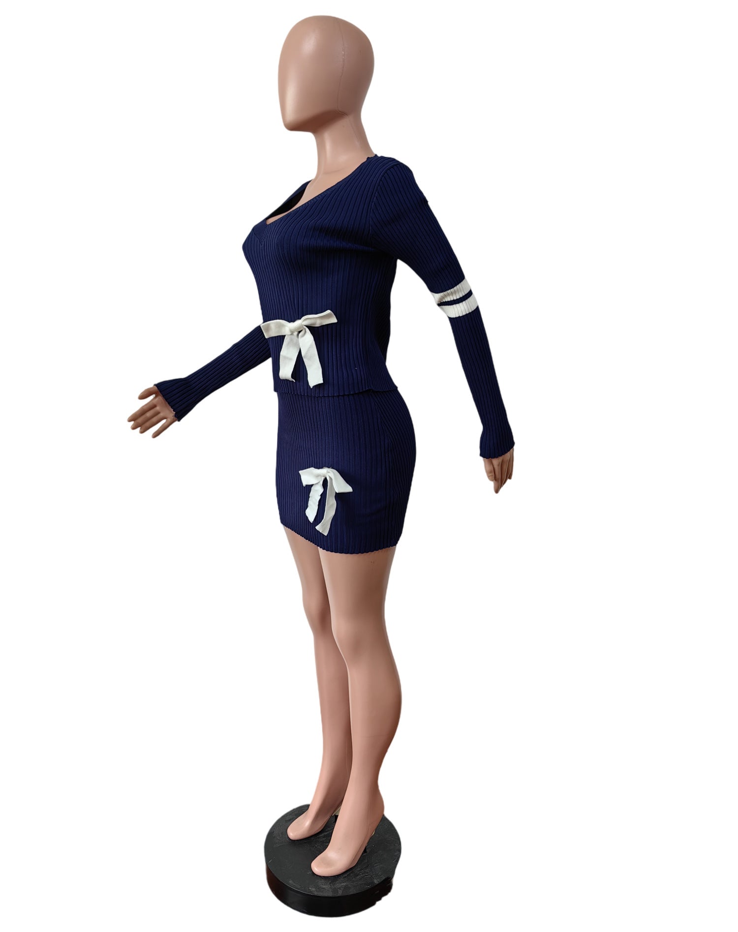 Women Casual Bowknot V-neck Sweater And Skirt Two Piece Set 8