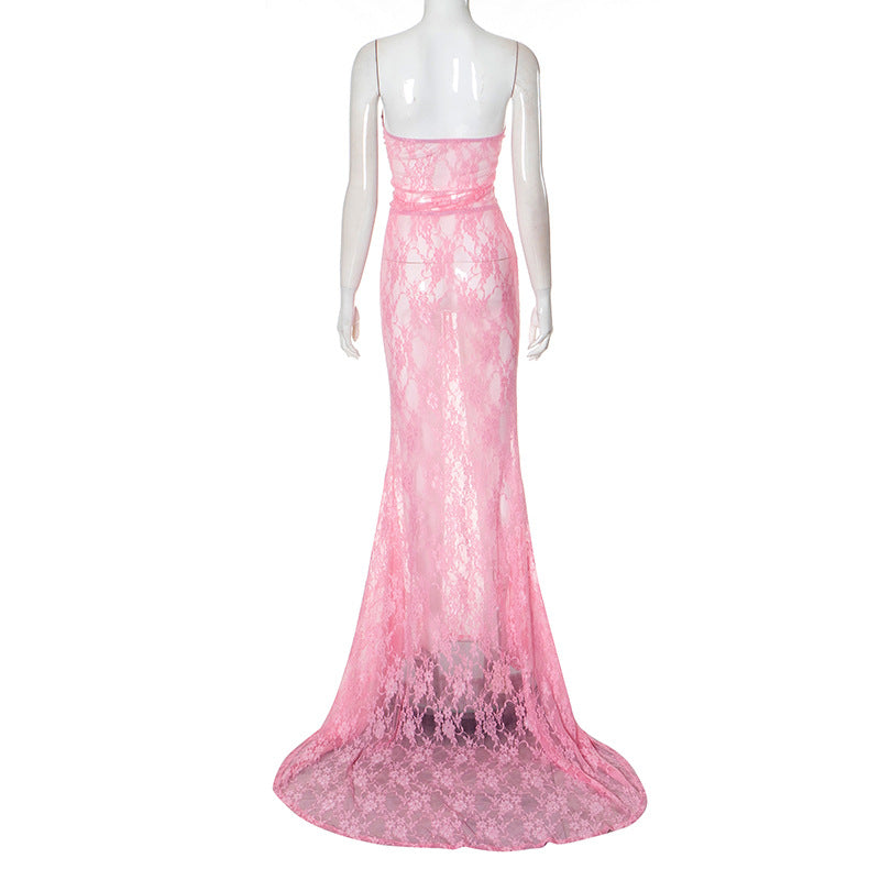 Women Mesh Lace-Up Strapless Dress 10