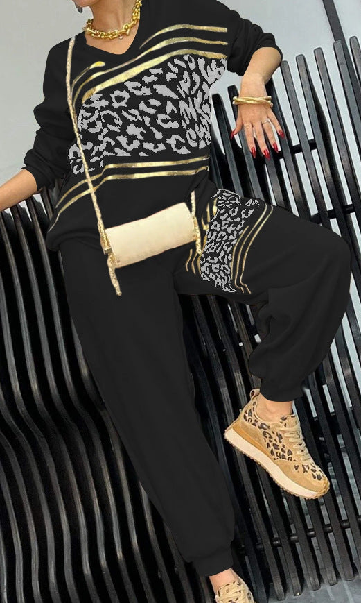 Women autumn and winter leopard print Patchwork Top and Pant two-piece set 5