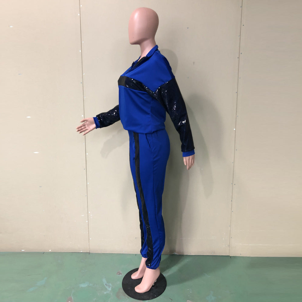 Women Sequin Colorblock Long Sleeve Top and Pant Two Piece Set 6