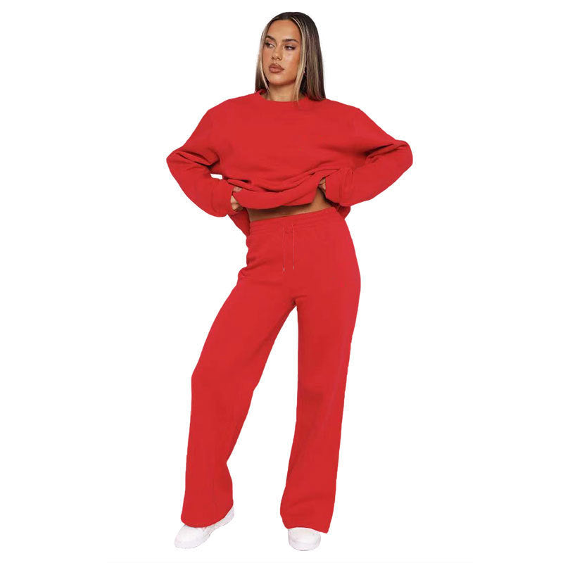 Women Solid long-sleeved Round Neck Top and wide-leg pants Two Piece Set 15