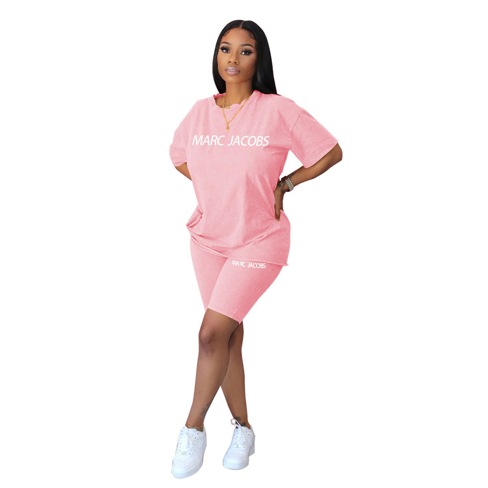Women Casual Letter Print Short Sleeve Top and Short Two-Piece Set 16