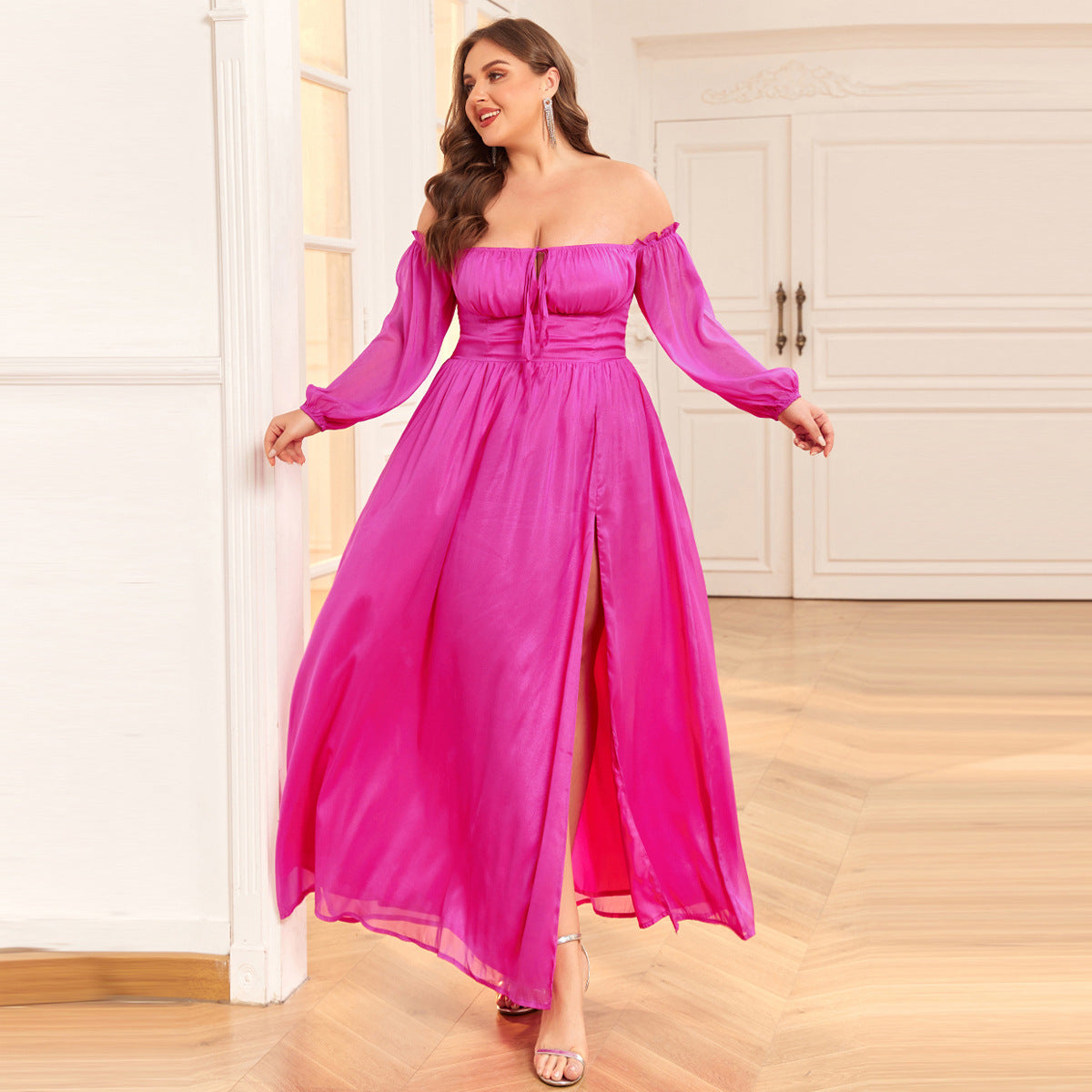 Plus Size Women Chiffon Off Shoulder Strapless Sexy Lace Puff Sleeve Dress 8