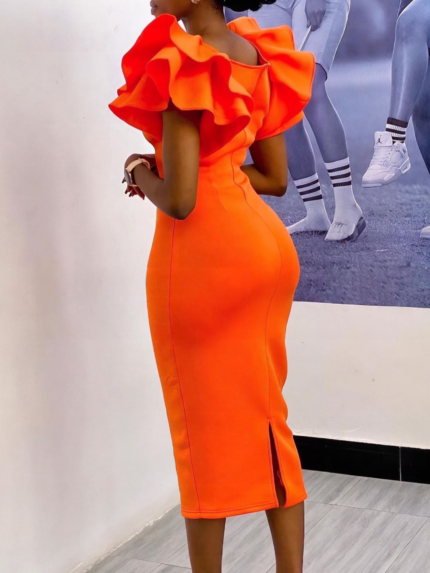 Women Chic Career Square Neck Ruffle Sleeve Party Dress 6