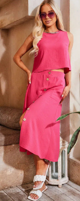 Women Casual Solid Round Neck Top and Skirt Two Piece Set 45