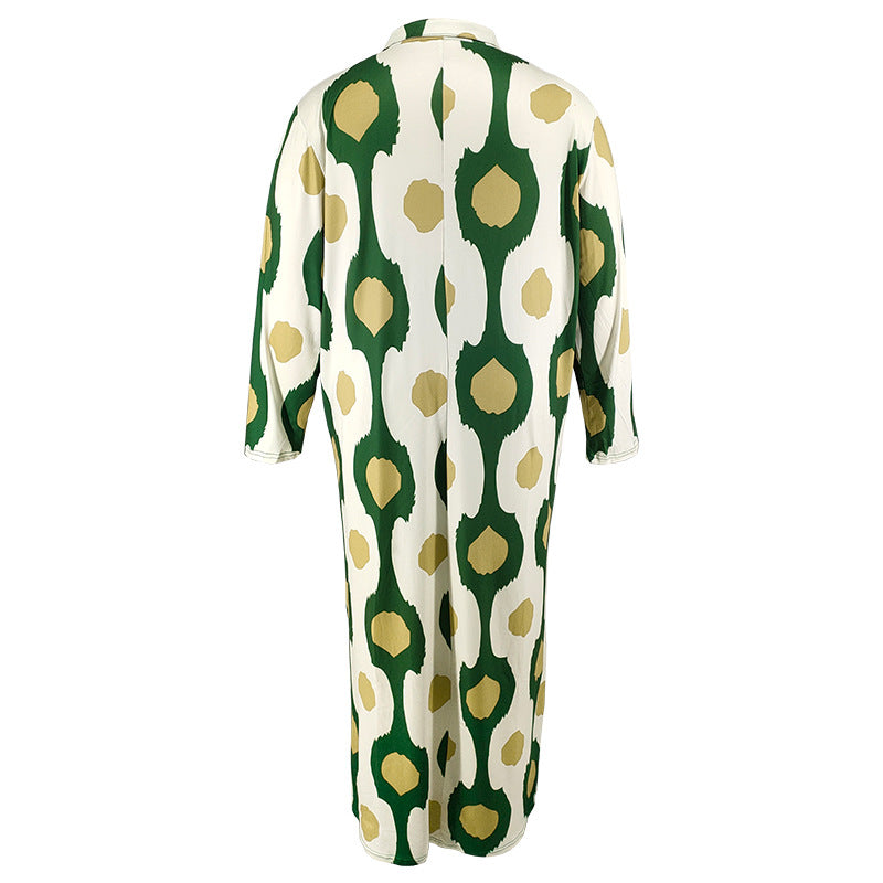 Plus Size Women Turndown Collar Long Sleeve Slit Loose Dress 21