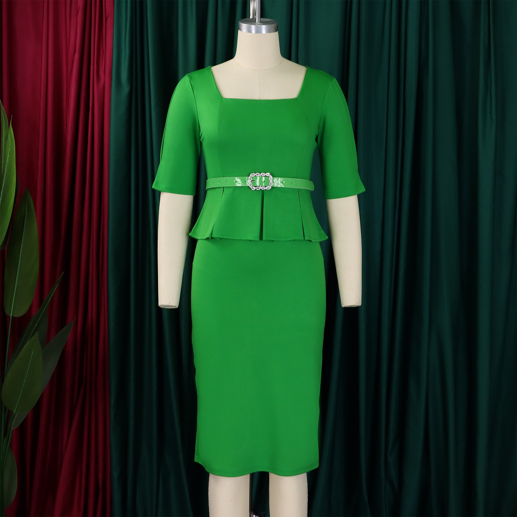 African Women's Turndown Collar Fashion Chic Short Sleeve OL Ruffle Slim Waist Dress 9