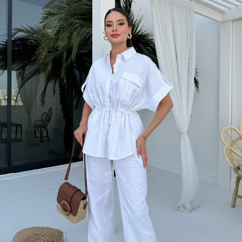 Women's Cargo Style Drawstring Pocket Shirt Pants Two-Piece Set