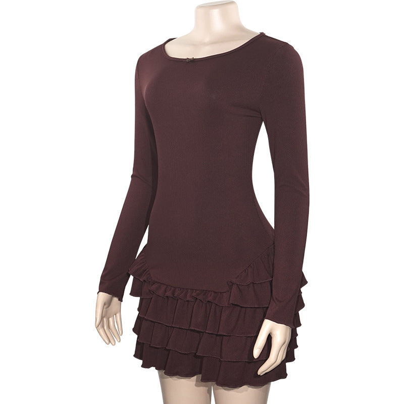 Spring Solid Color Round Neck Long Sleeve  High Waist Slim Ruffle Women's Dress 6