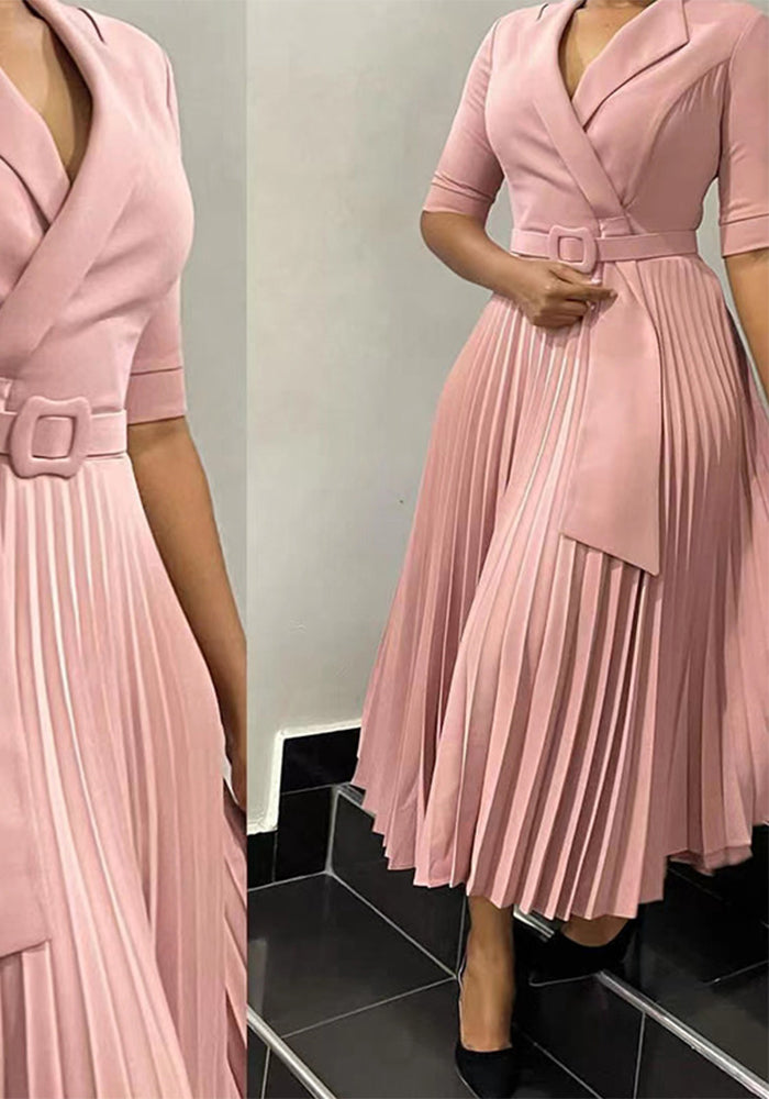 Women Turndown Collar Pleated Solid Dress