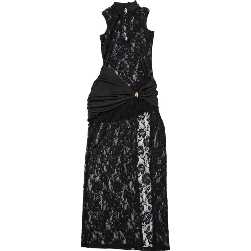 Women spring sexy hollow lace Patchwork Pleated slit Bodycon Dress 21