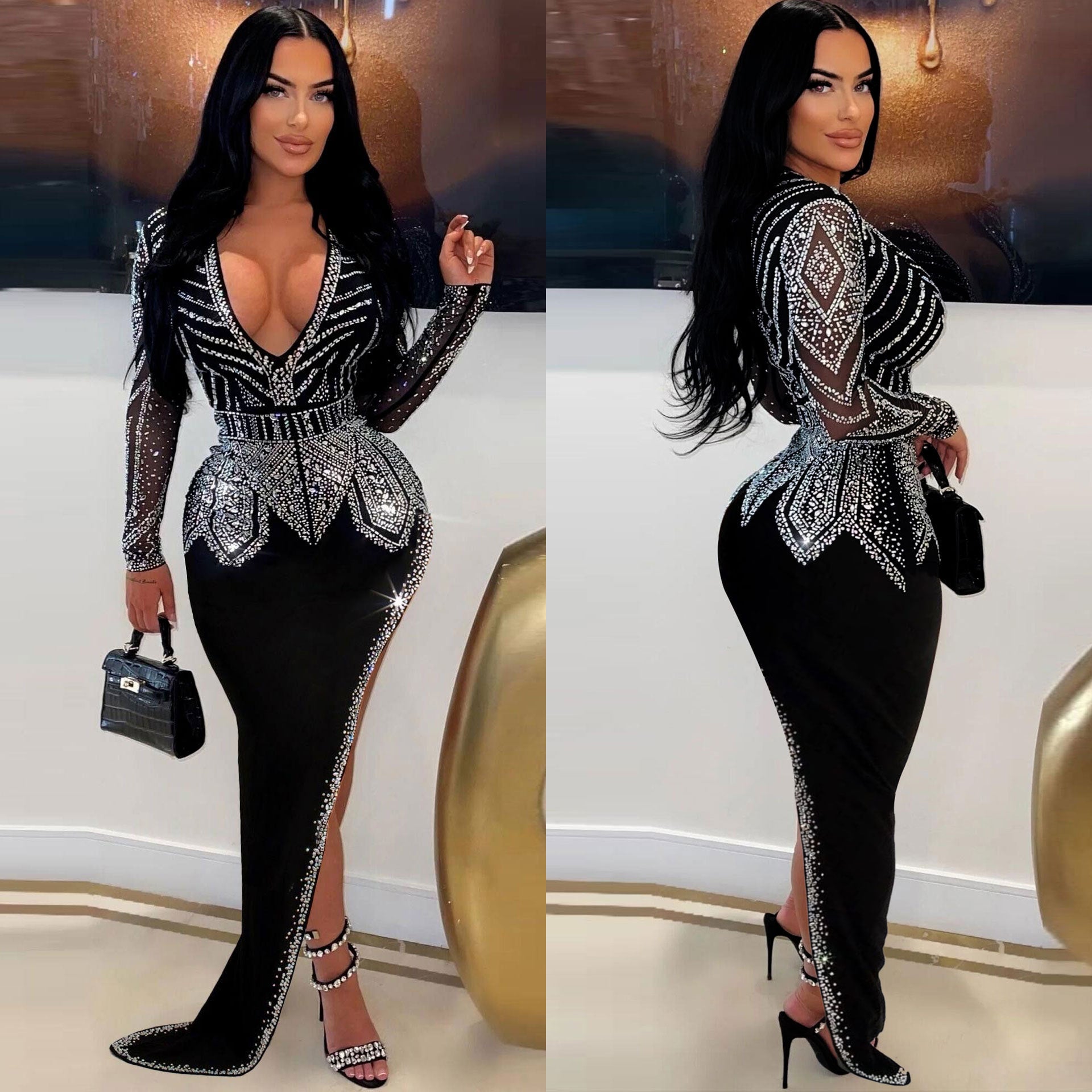 Women Sexy Beveled Beaded Stretch V-Neck Bodycon Dress