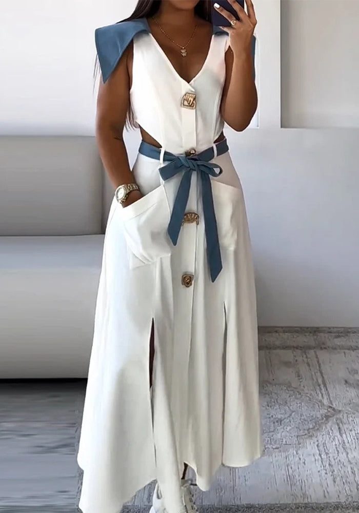 Color-Block Turndown Collar Sleeveless Hollow Belt Slit Maxi Dress