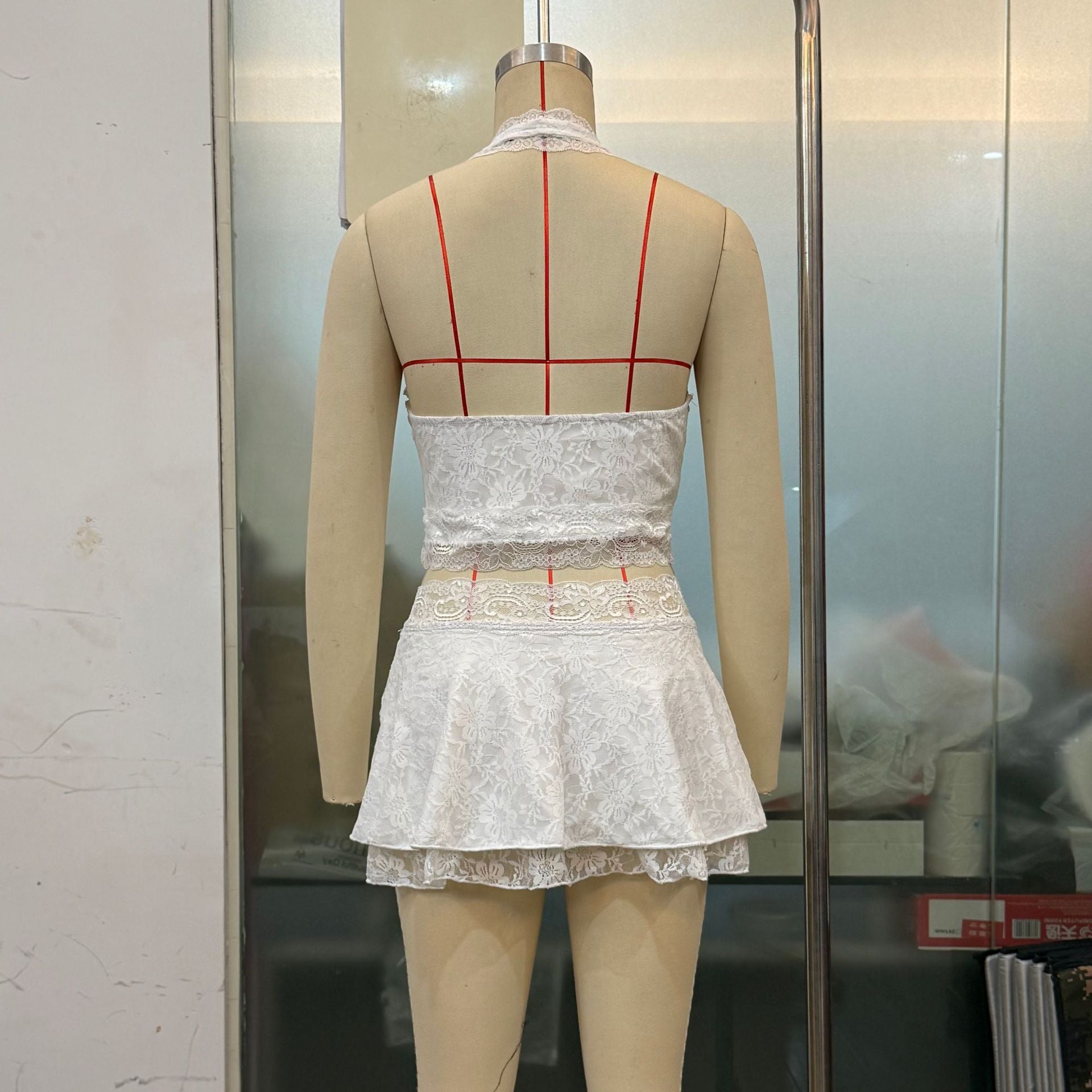 Sexy Halter Neck Deep V-neck Short Lace Top Slit Short Skirt Two-piece Set 10