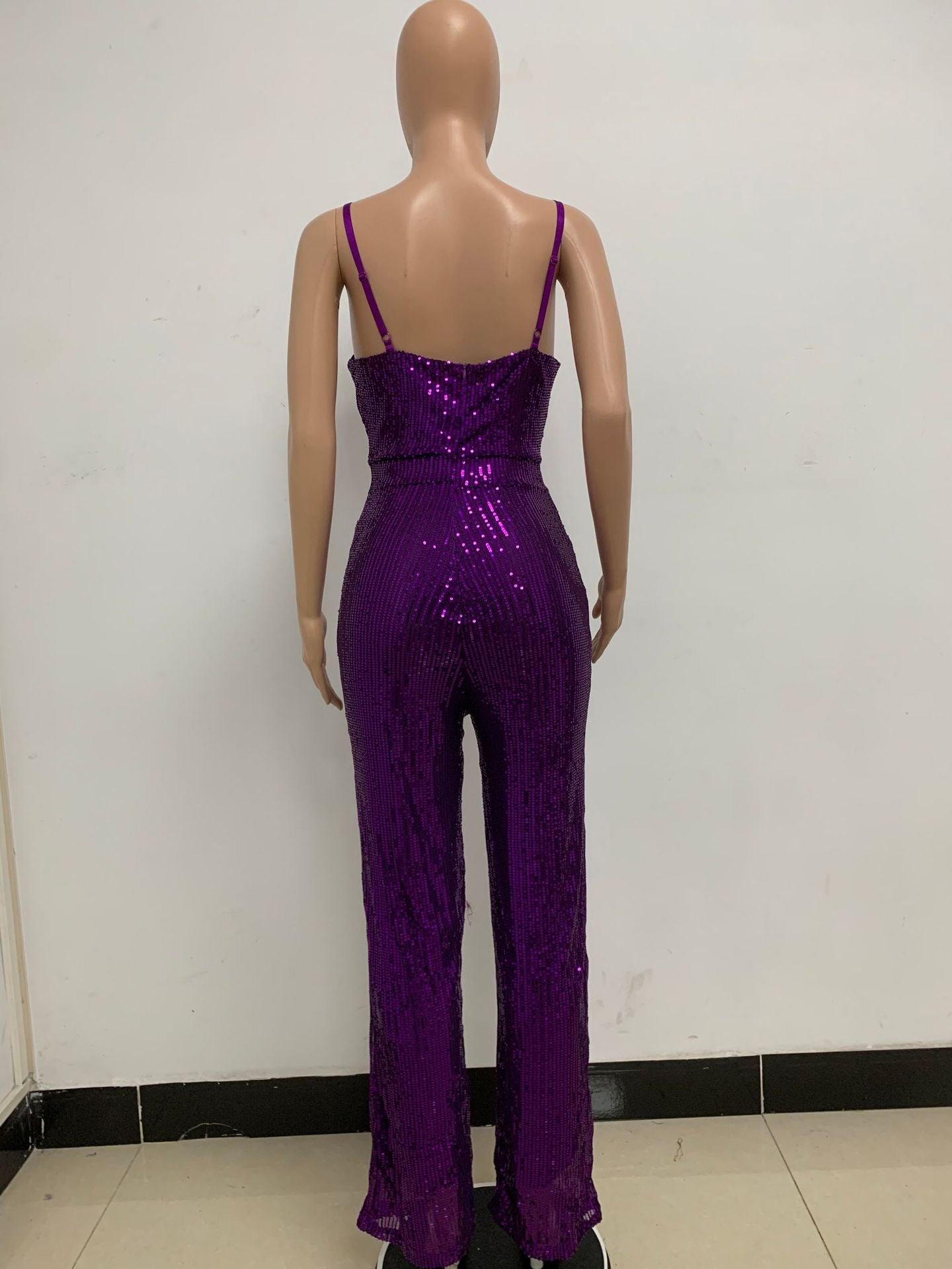Deep V Neck Low Back Sleeveless Chic Sequined Straps Elegant Women's Party Jumpsuit 101