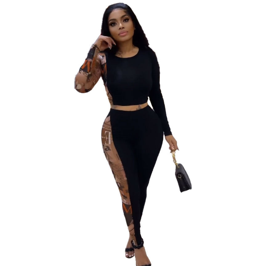 Sexy Printed Patchwork Contrast Slim Fit Long Sleeve Two-Piece pants Set 6