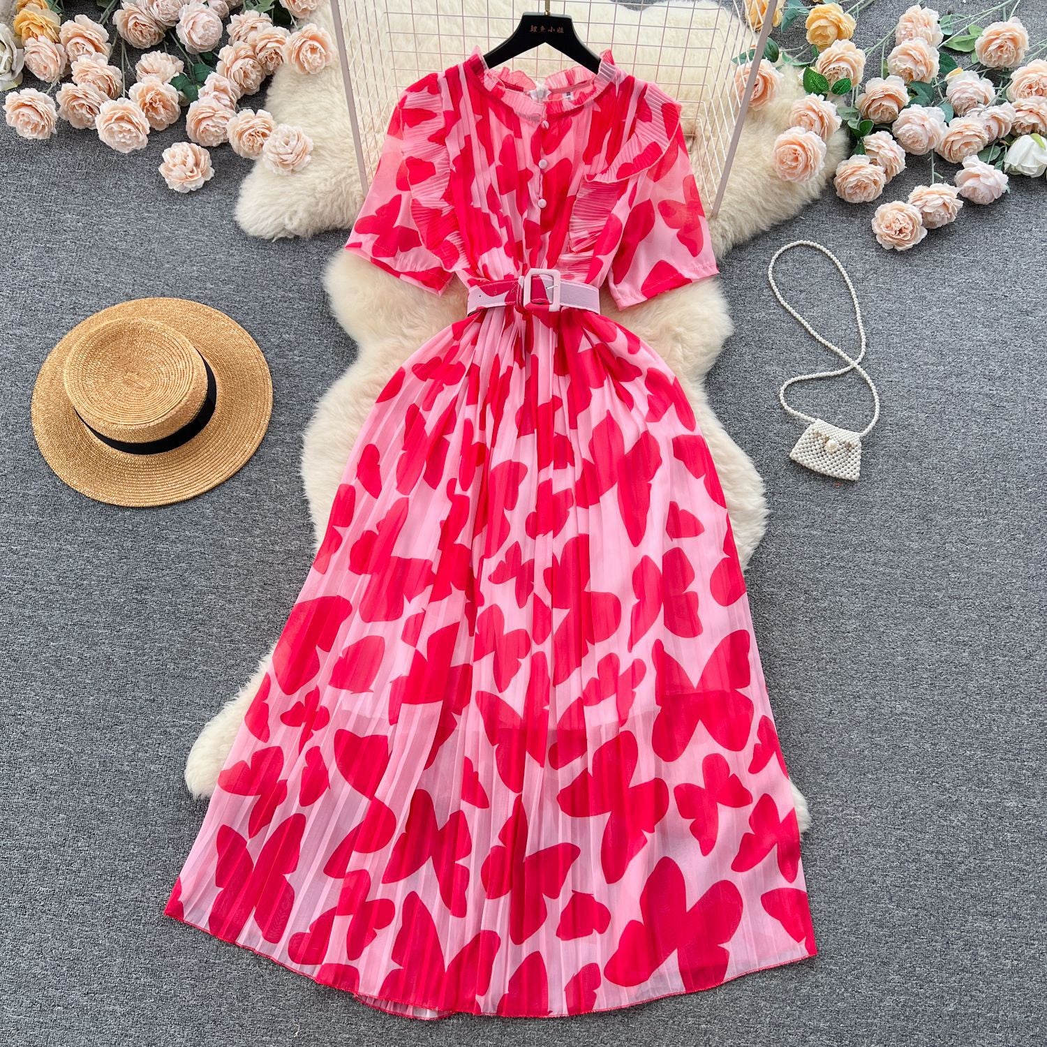Women summer pleated floral Maxi Dress