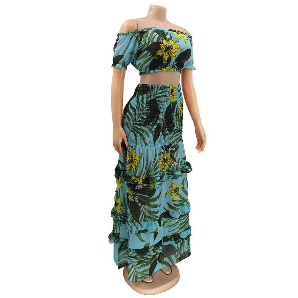 Printed Short Sleeve Sexy Slim Fit Women's Casual Two Piece Skirt Set 16