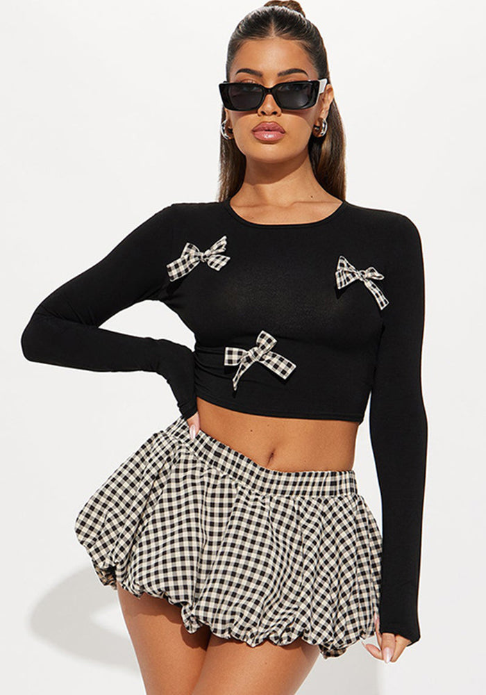 Women Plaid Bow Top and Contrast Color Bud Skirt Two Piece Set