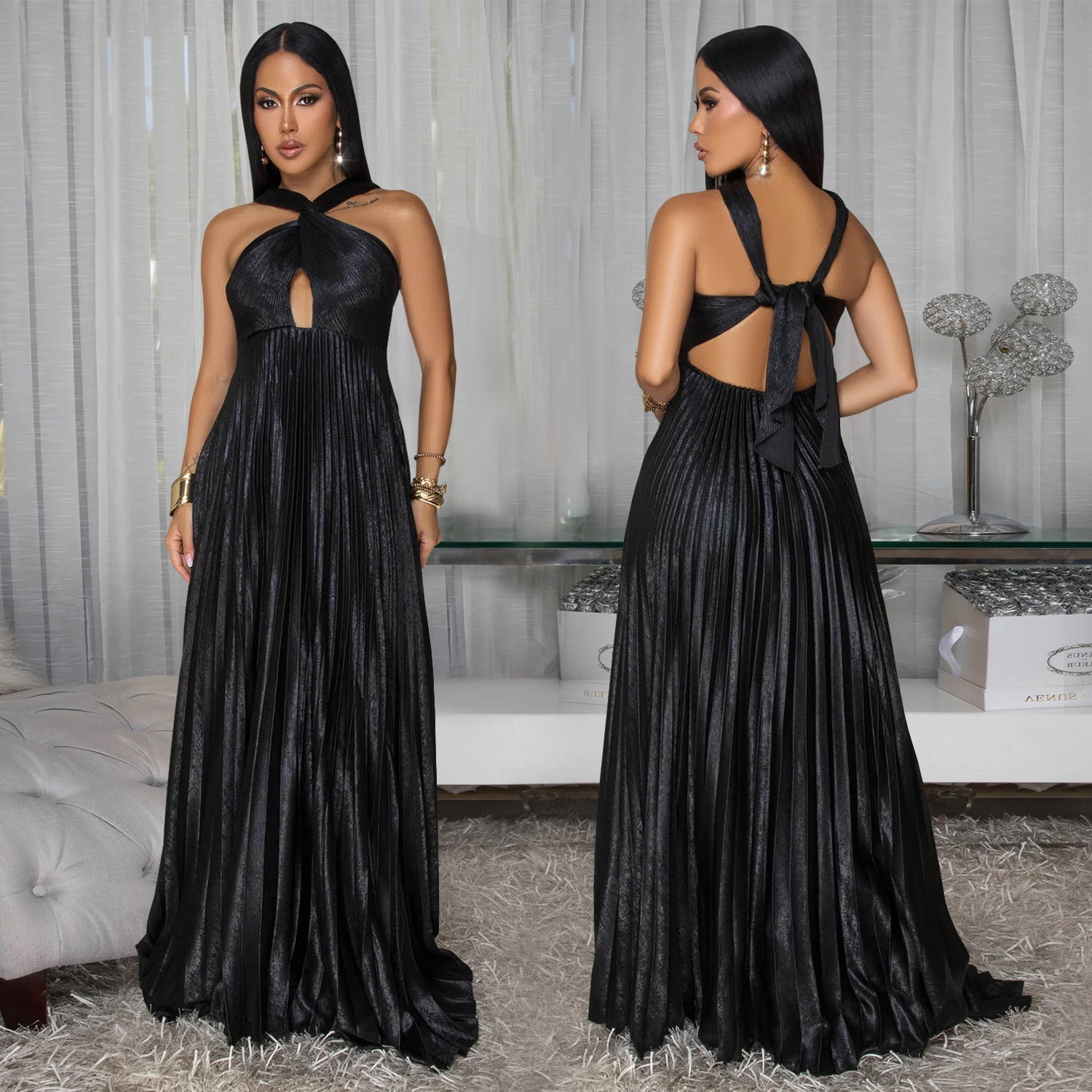 Fashion Women's Elegant Shiny Solid Color Pleated Long Dress 3