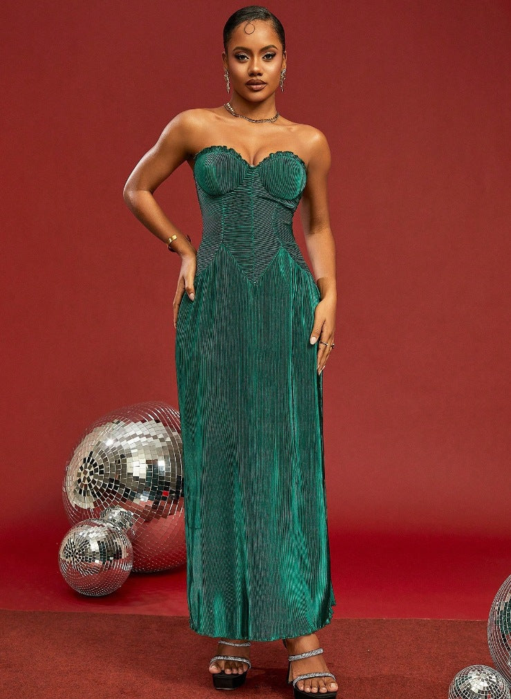 Women sexy pleated Strapless pleated suspender Maxi Dress