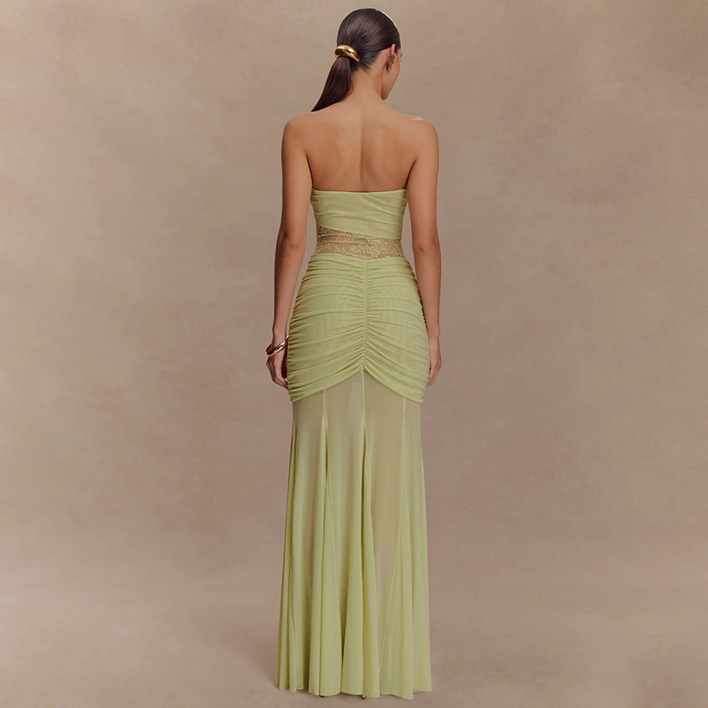 Women Summer Sleeveless Strapless Sexy Pleated Hollow Maxi Dress 7