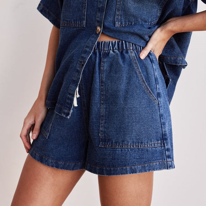 Women Retro Casual Pocket Short Sleeve Shirt and Denim Shorts two-piece set 8