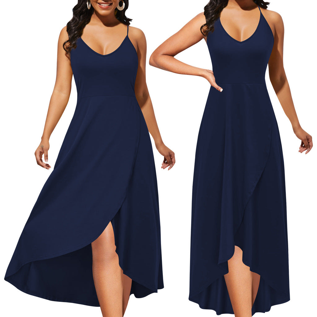 Women sexy solid color v-neck suspenders slit dress 7