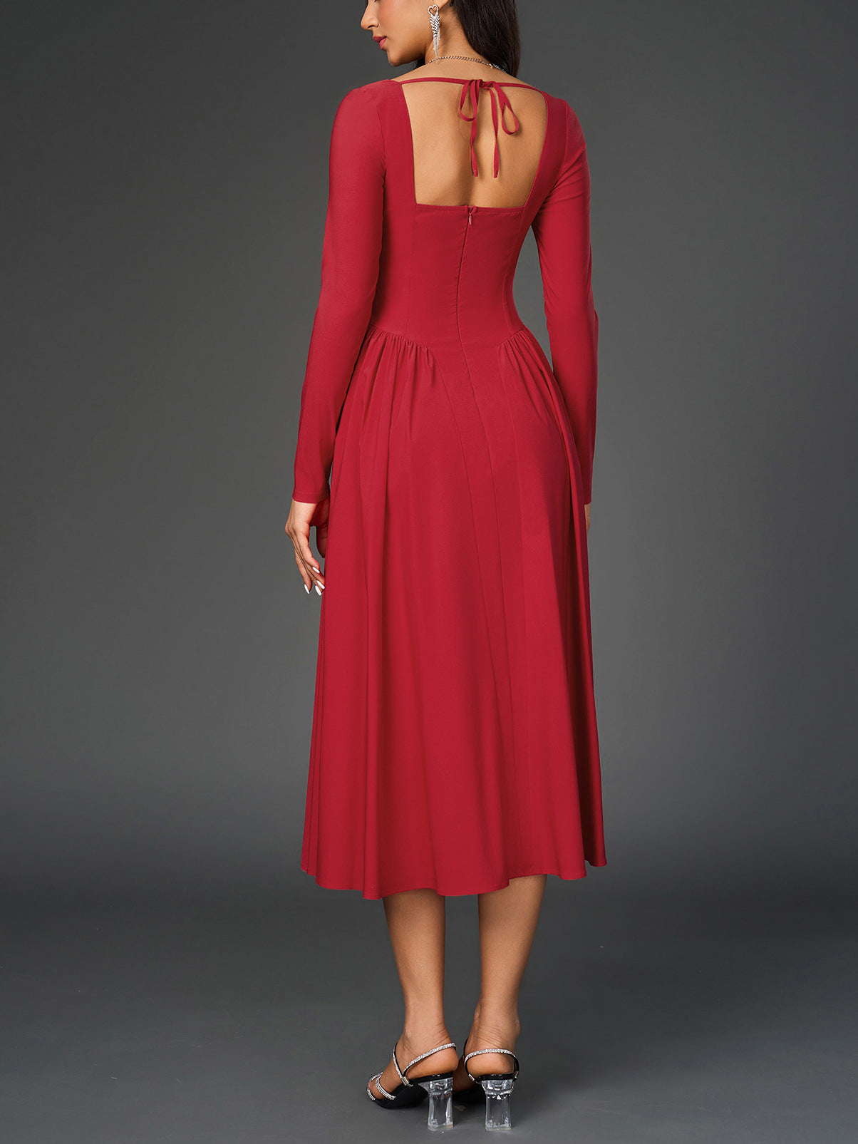 Sexy Long-Sleeved Low Back Lace-Up A-Line Solid Color Pleated Dress 8