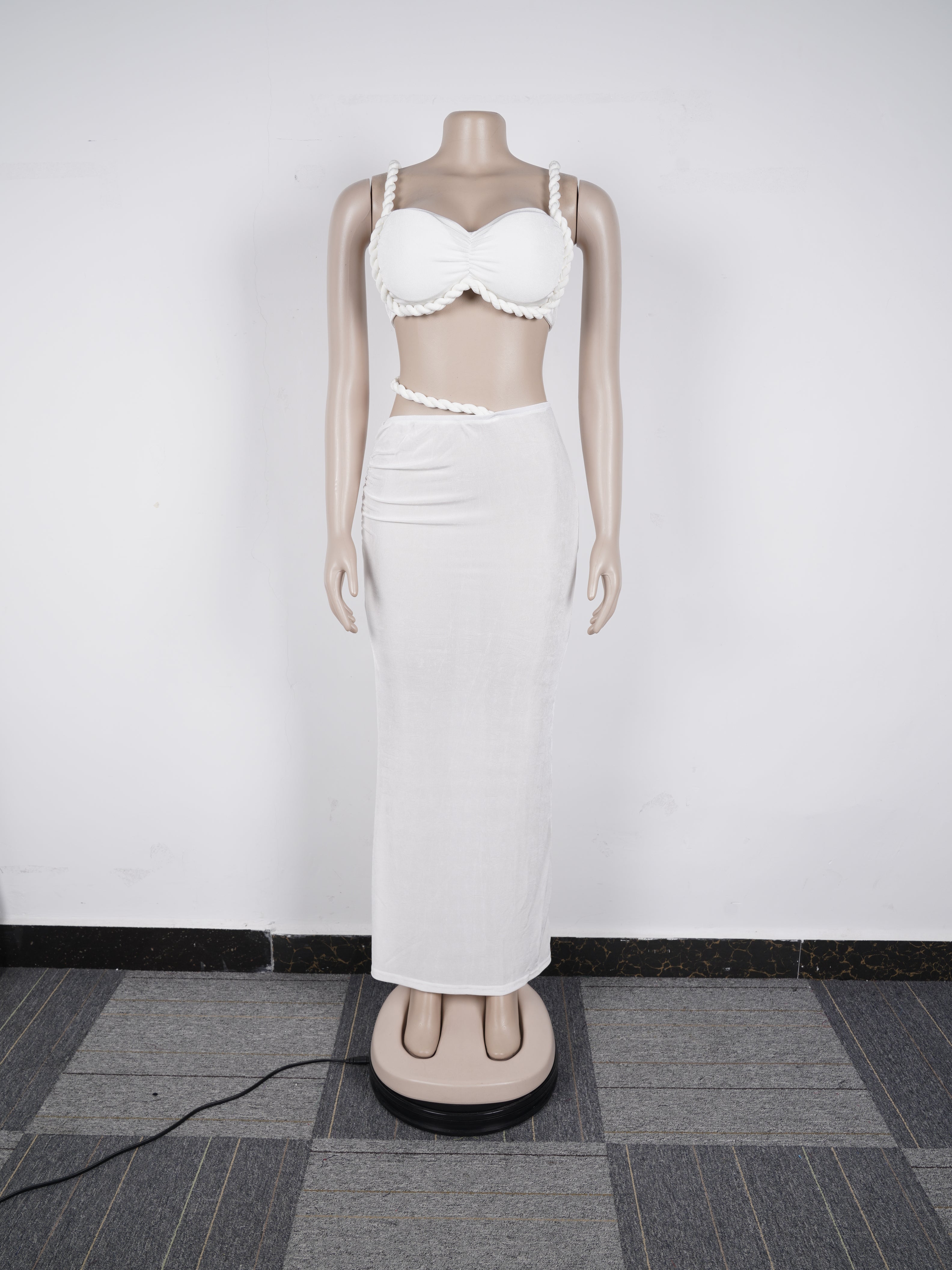 Casual Strap Crop Top High-Waist Hollow Long Skirt Two-Piece Set 14