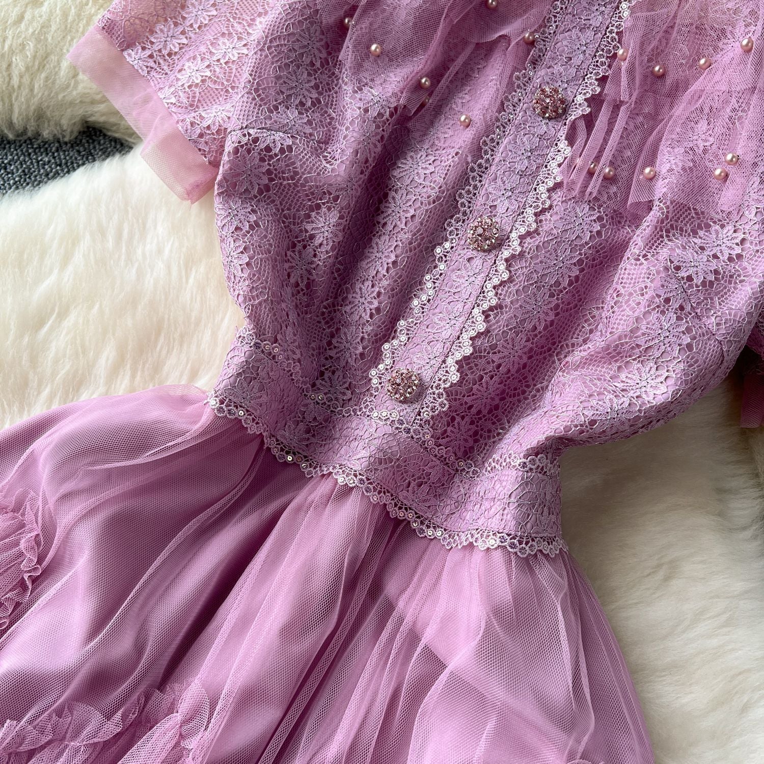 Women French Beaded Embroidered Short Sleeve Puffy Mesh Dress 20